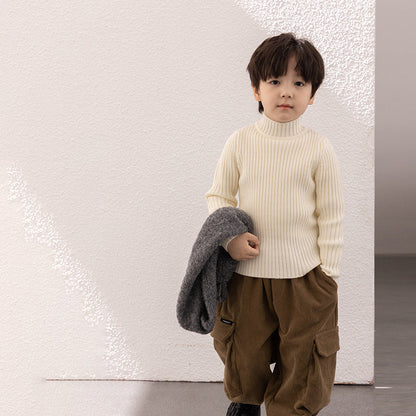 Amo Beibei 2023 Winter Children's Thickened All-match Knitted Sweater Baby Pit-lined Middle-neck Warm Fiber Velvet Sweater