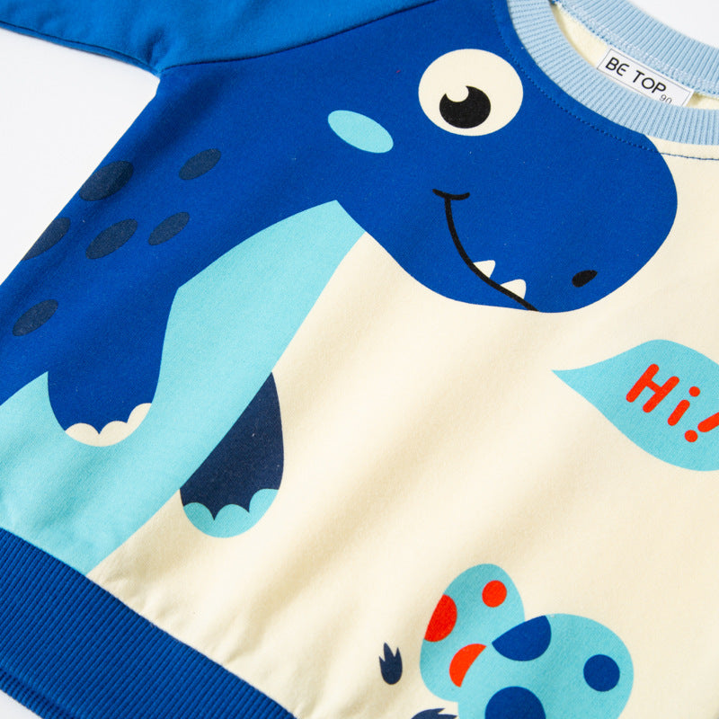 be top children's clothing 2024 spring and autumn new children's cartoon dinosaur pullover sweatshirt long sleeve contrast color round neck trend