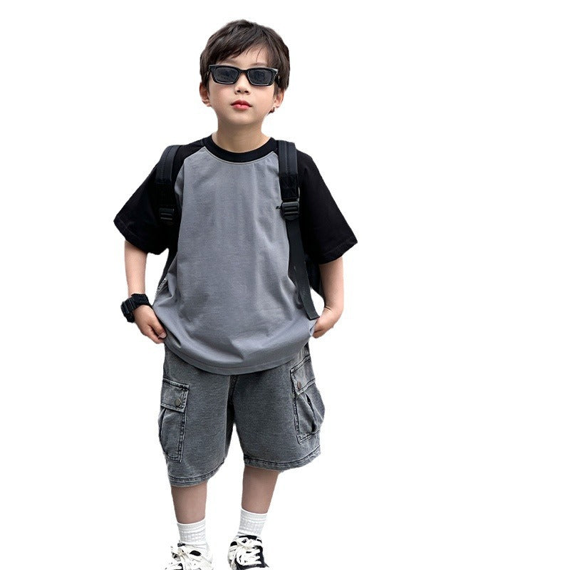 Boys workwear denim shorts 2024 summer new children's Korean style trendy cool shorts for middle and large children thin shorts