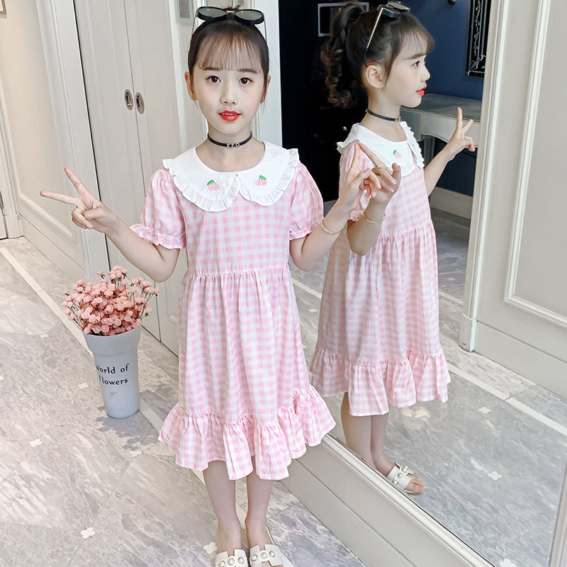 Girls short-sleeved dress 2024 summer new style wood ear edge doll collar plaid skirt girl cotton sweet long skirt