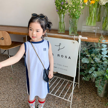 Korean children's clothing 2024 summer girls sleeveless vest dress small and medium children's long color matching sports style skirt