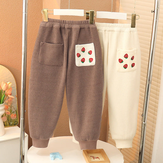 Winter girls' thickened fleece pants chenille plus size plus size corduroy elastic bloomers keep warm and stylish