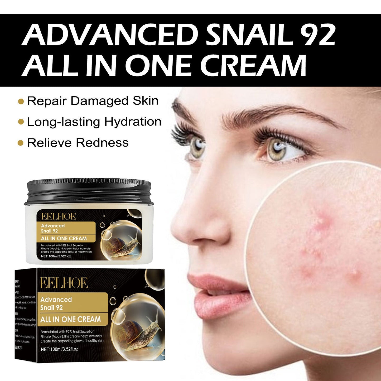 EELHOE Snail 92 Repair Cream Lightens Acne Scars and Acne Skin Moisturizing and Whitening Firming Skin Cream 