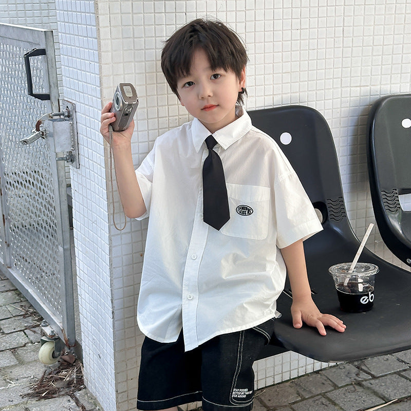 Amo Beibei children's 2024 summer handsome embroidered short-sleeved tie shirt for boys and girls washed cotton temperament tops