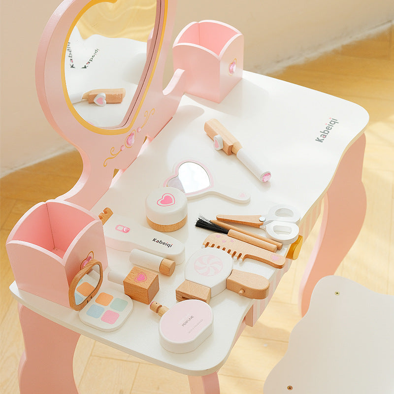 Children's wooden educational simulation girl makeup bag parent-child interactive love dressing table set pretend play toy