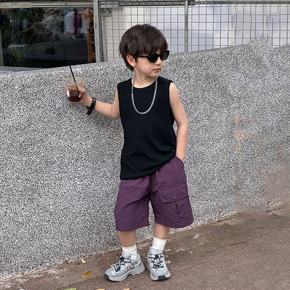 Elmo Beibei Boys 2024 Summer Style Nylon Wrinkle Five-Fifth Pants Baby Handsome Button Pocket Washable Cargo Shorts