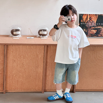 Amo Baby Children's 2024 Summer Fashion Reflective UFO Short-sleeved T-shirt Baby Stylish Letter Cool Top Trend