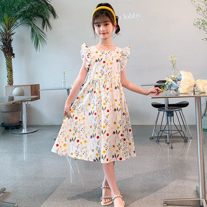 Girls summer cotton dress floral flying sleeves Korean style sweet small fresh princess dress pastoral style primary school students dress