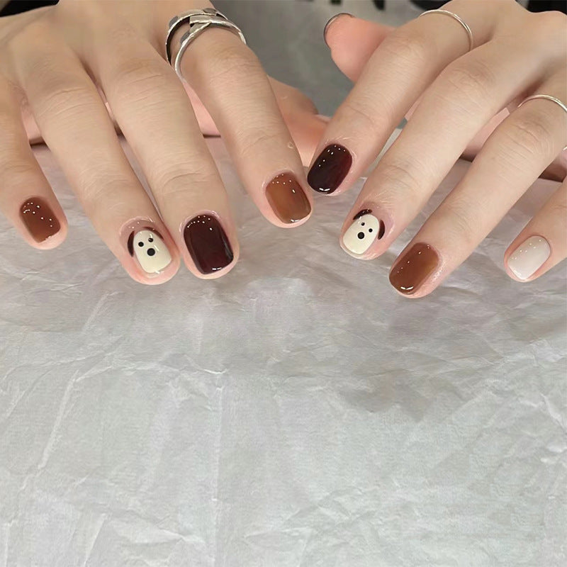 Autumn new wearable short caramel color puppy cute false nail patches removable nail art nail pieces wholesale