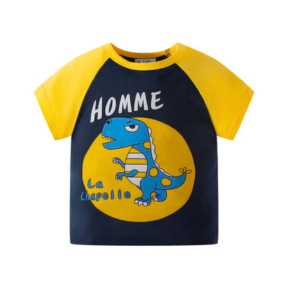 Children's short-sleeved T-shirt new Korean version cartoon dinosaur sleeve summer top baby pure cotton color matching clothes