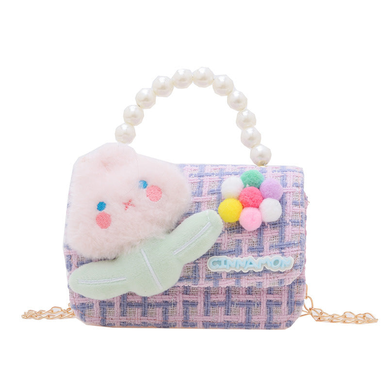 Cartoon cute children's small square bag fashionable pearl handbag versatile girl stylish chain shoulder crossbody backpack