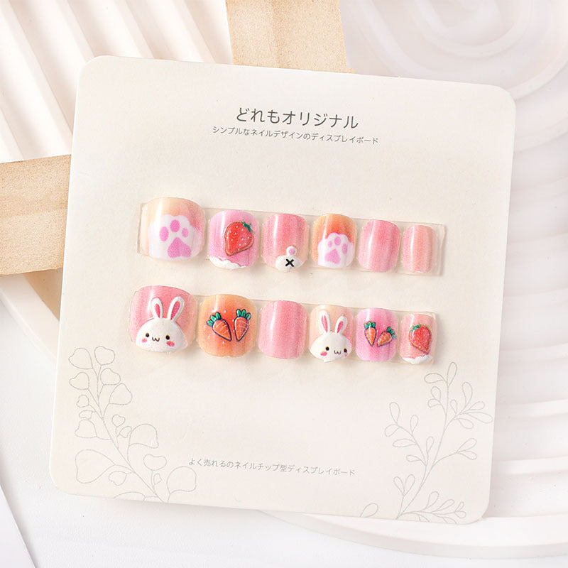 Children's wearable nails short girls wearable nail stickers false nail stickers embossed nail pieces cute cartoon students