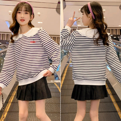 Girls Spring and Autumn Pullover Striped Shirt Doll Collar Small Chanel Style Wood Ear Edge Medium and Large Children Cotton Korean Style Outerwear Western Style