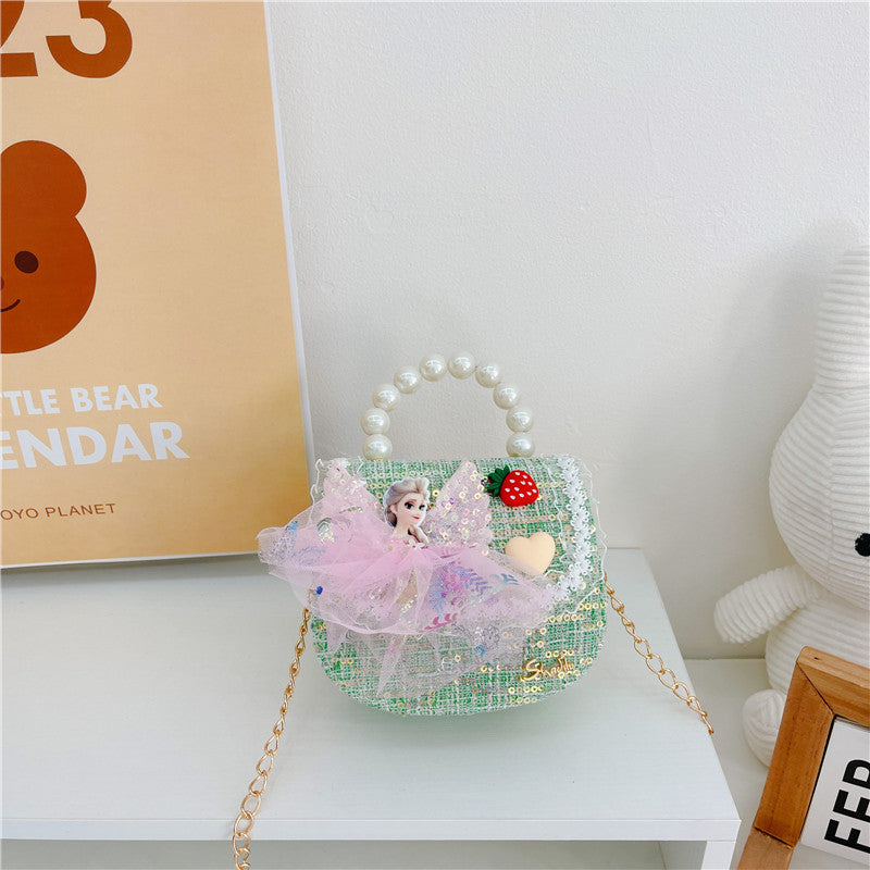 Children's Bags Girls Cute Little Princess Crossbody Bag Cartoon Little Girl Pearl Handbag Versatile Chain Shoulder Bag