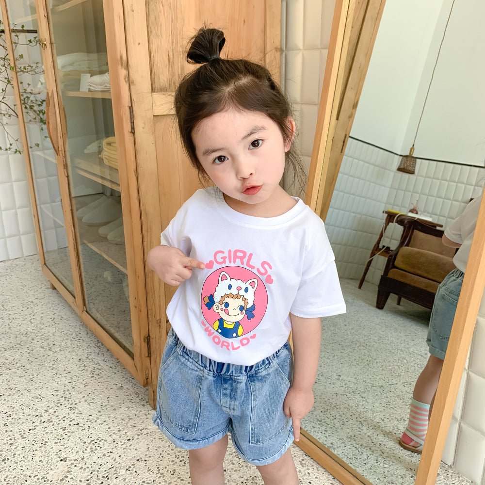 2024 New Girls Short-sleeved T-shirt Summer Children's Korean Style Western Style Pure Cotton Half-sleeved Baby Summer Loose Top