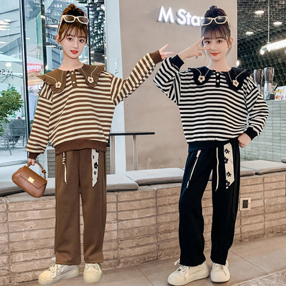 2024 Girls Autumn Suit Striped Sports Korean Two-piece Set Elastic Flower Middle and Large Children Student Kindergarten Western