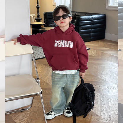 Amo Beibei children's 2023 winter thickened velvet trousers boys handsome Korean version of Austrian velvet denim straight pants