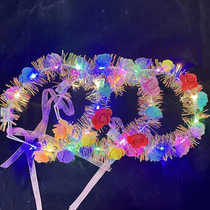 Luminous gold flower garland fairy feather headband Internet celebrity night market push flash headdress scan code gift wholesale