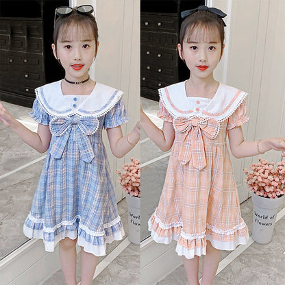 Girls short-sleeved dress summer new style college style bow dress Lolita skirt JK uniform plaid skirt