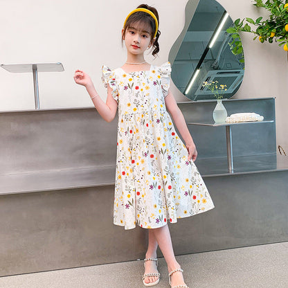 Girls summer cotton dress floral flying sleeves Korean style sweet small fresh princess dress pastoral style primary school students dress