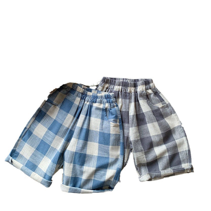 Children's casual pants Bangcheng 2024 summer boys' plaid shorts children's clothing mid-length pants pure cotton shorts trend G0217