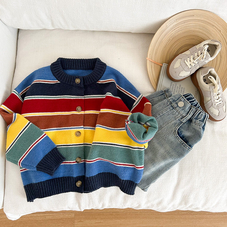 Amo Beibei children's 2024 spring colorful striped fashion knitted cardigan for boys and girls baby temperament sweater coat