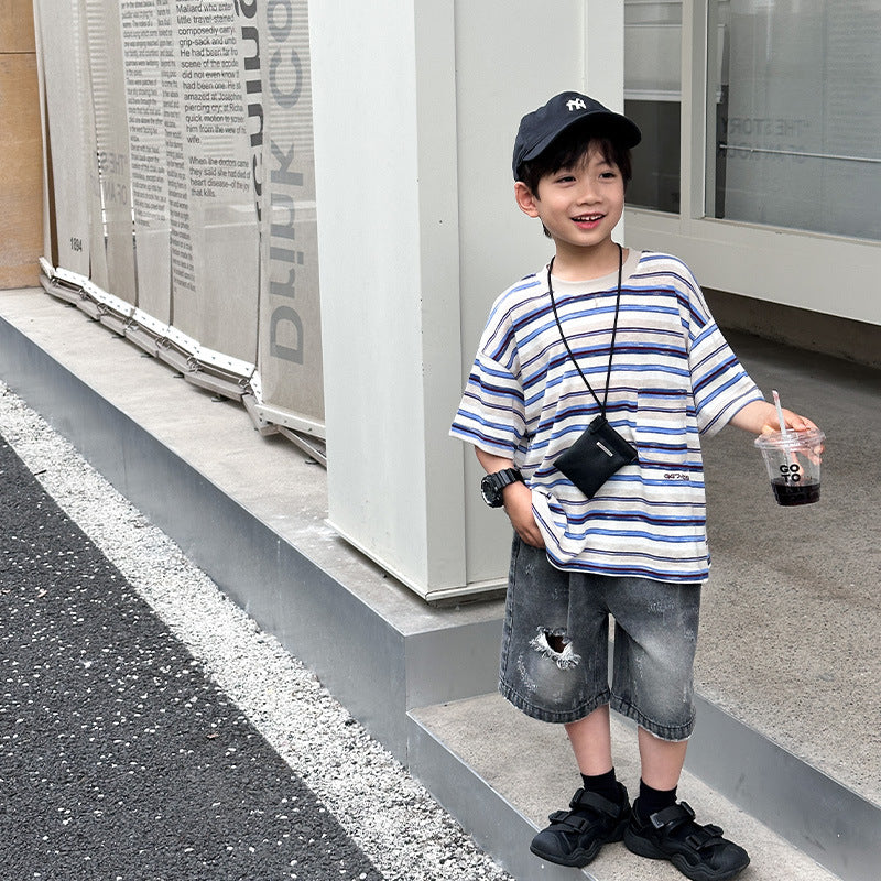 儿童裤子男童牛仔短裤宝宝宽松破洞五分裤夏季新款男孩透气直筒裤