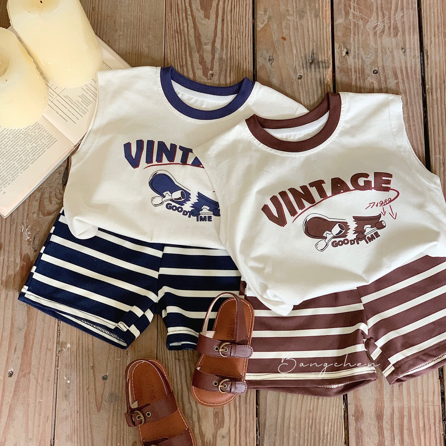 Children's suit Bangcheng 2024 summer boys new skateboard vest + shorts children's clothing striped two-piece suit G0121