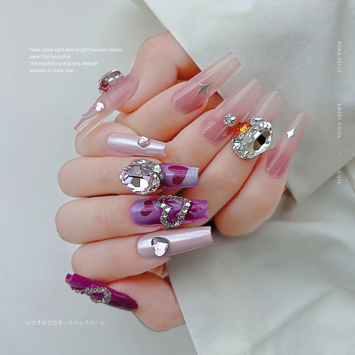 New nail art with pointed bottom diamond accessories, super flash, Internet celebrity pigeon egg, transparent pink and green champagne nails, fantasy color big diamond