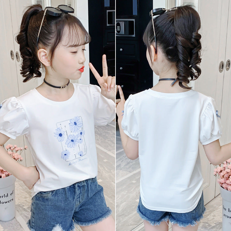 Girls short-sleeved T-shirt summer 2024 new children's trendy puff sleeve tops medium and large children's cotton printed T-shirt