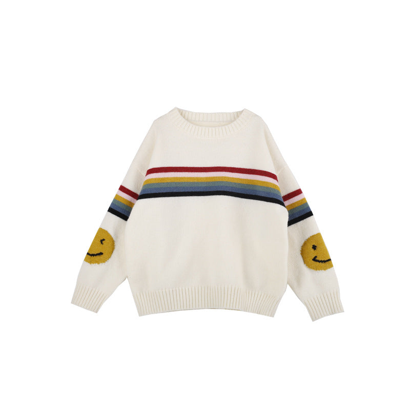 Amo Beibei children's winter thickened sweater for boys and girls 2023 new rainbow stripe smiley face sweater trend