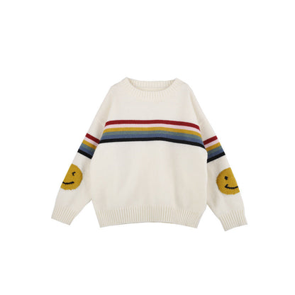 Amo Beibei children's winter thickened sweater for boys and girls 2023 new rainbow stripe smiley face sweater trend