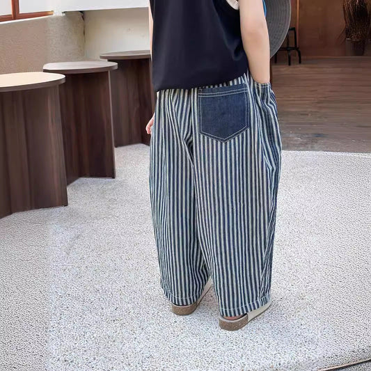 Amo Beibei 2024 summer children's light washed cotton contrast straight pants boys and girls all-match vertical striped jeans