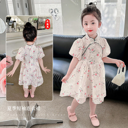 Girls summer short-sleeved cheongsam dress puff sleeve floral retro improved chiffon kindergarten ink painting Jiangnan small and medium children