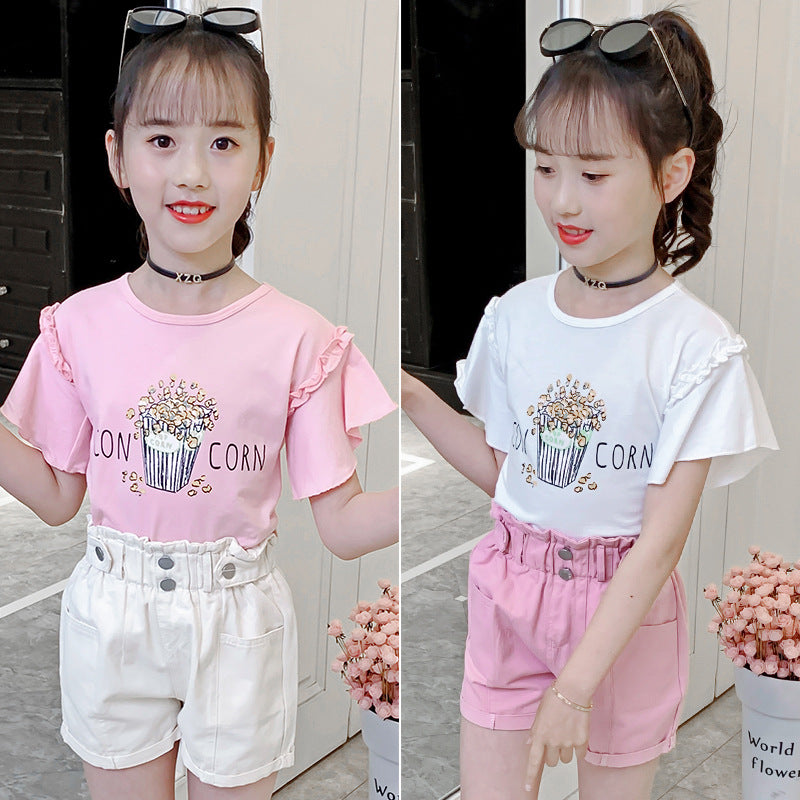 Girls short-sleeved T-shirt 2024 summer new style children's cartoon trumpet sleeve top little girl round neck T-shirt