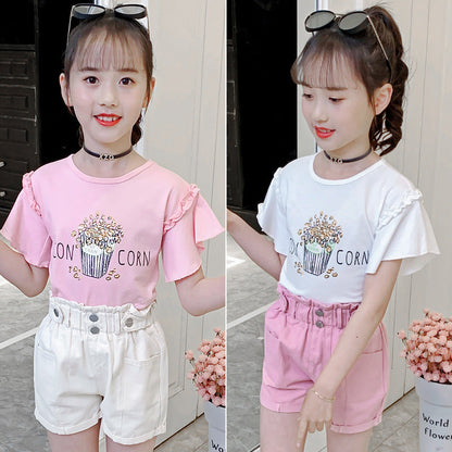 Girls short-sleeved T-shirt 2024 summer new style children's cartoon trumpet sleeve top little girl round neck T-shirt