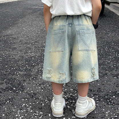 Boys summer ripped denim shorts 2024 new children's clothing shorts boys summer handsome loose pants