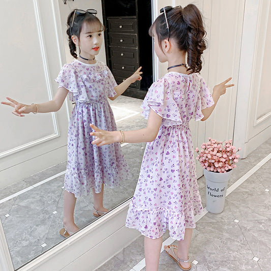 Girls dress short-sleeved chiffon dress new summer medium and large children's stylish printed princess dress Bohemian long skirt