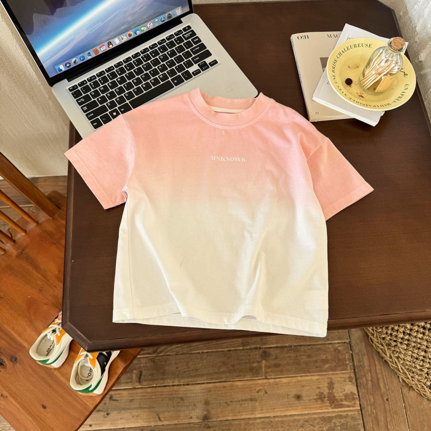 2024 summer new boys pink fashion children's trend gradient short-sleeved T-shirt baby cotton T-shirt