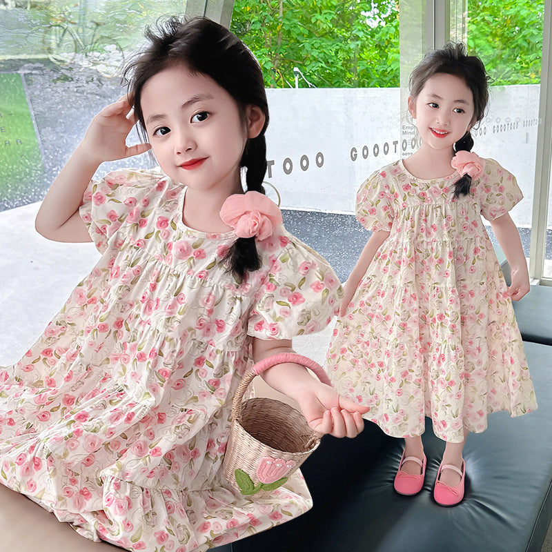 Girls Summer Cotton Floral Dress French Puff Sleeve Rose Loose Fat Cotton Doll Style Oil Painting Style