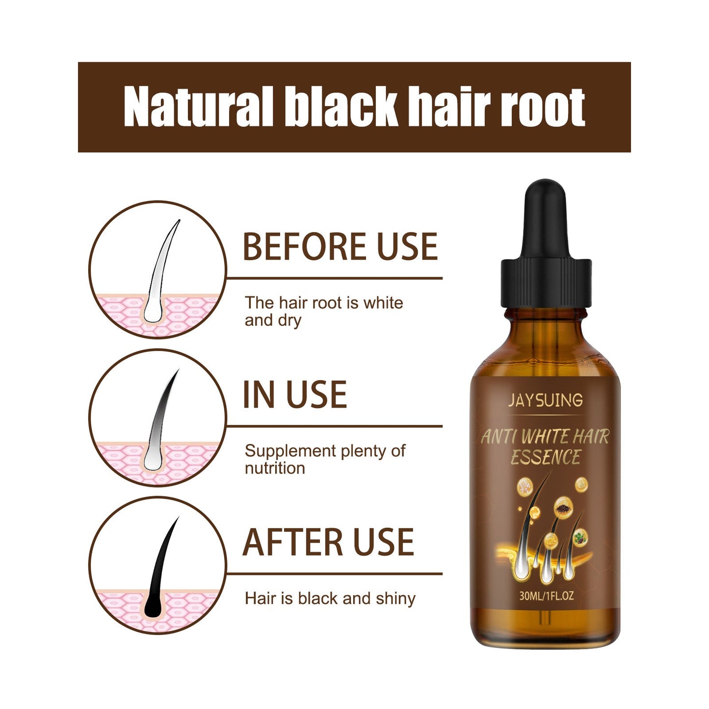 Jaysuing Anti-Gray Hair Essence Scalp Massage Moisturizing Hair Growth Serum Black Hair Essence 