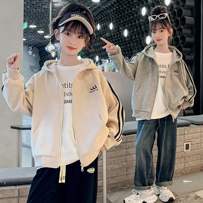 Boys and girls autumn jacket cardigan hooded sports casual letters loose fat students primary school middle school warm trend