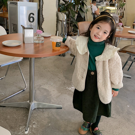 Korean purchasing 2022 autumn and winter children's retro fur integrated girls fashionable lapel lamb wool coat cotton coat trend