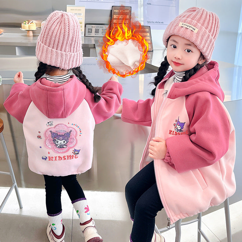 Girls autumn and winter thickened fleece jacket cardigan zipper Korean style sequins cartoon warm kindergarten children middle children