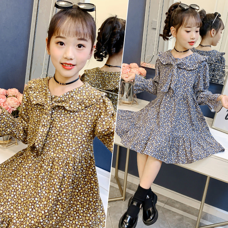 Girls Spring and Autumn Floral Dress 2024 New Children's Western Style Cotton Dress Spring Internet Celebrity Princess Dress Spring