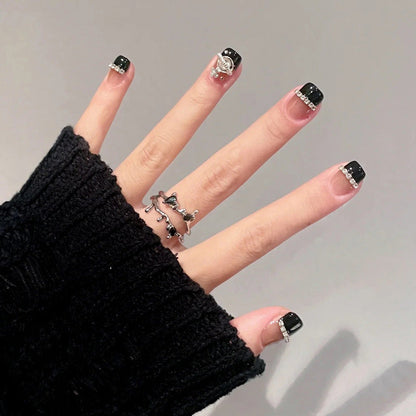 Wen Jingling same style wearable nail pieces wholesale short black glitter aurora broken diamond nail art finished nail stickers 