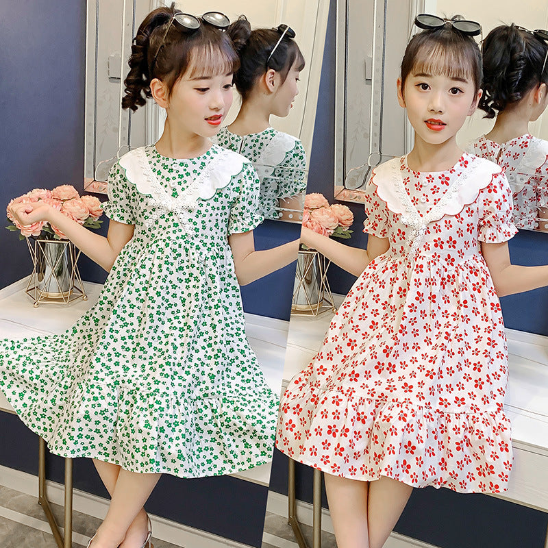 Summer children's pure cotton French palace puff sleeve dress short-sleeved floral princess middle and large children's stylish slim trend