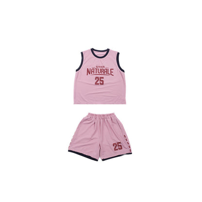 Elmo Beibei 2024 Summer Boys Contrast Letter Sports Set two-piece Baby Mesh Breathable Basketball Vest Set