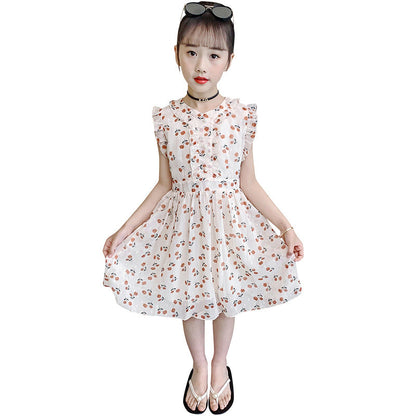 Girls summer chiffon dress 2024 new Korean version children's summer vest dress Western style big children's floral dress