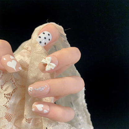 Nude milk tea polka dot bow wearable manicure finished product false nails nail art stickers nail stickers removable nail stickers